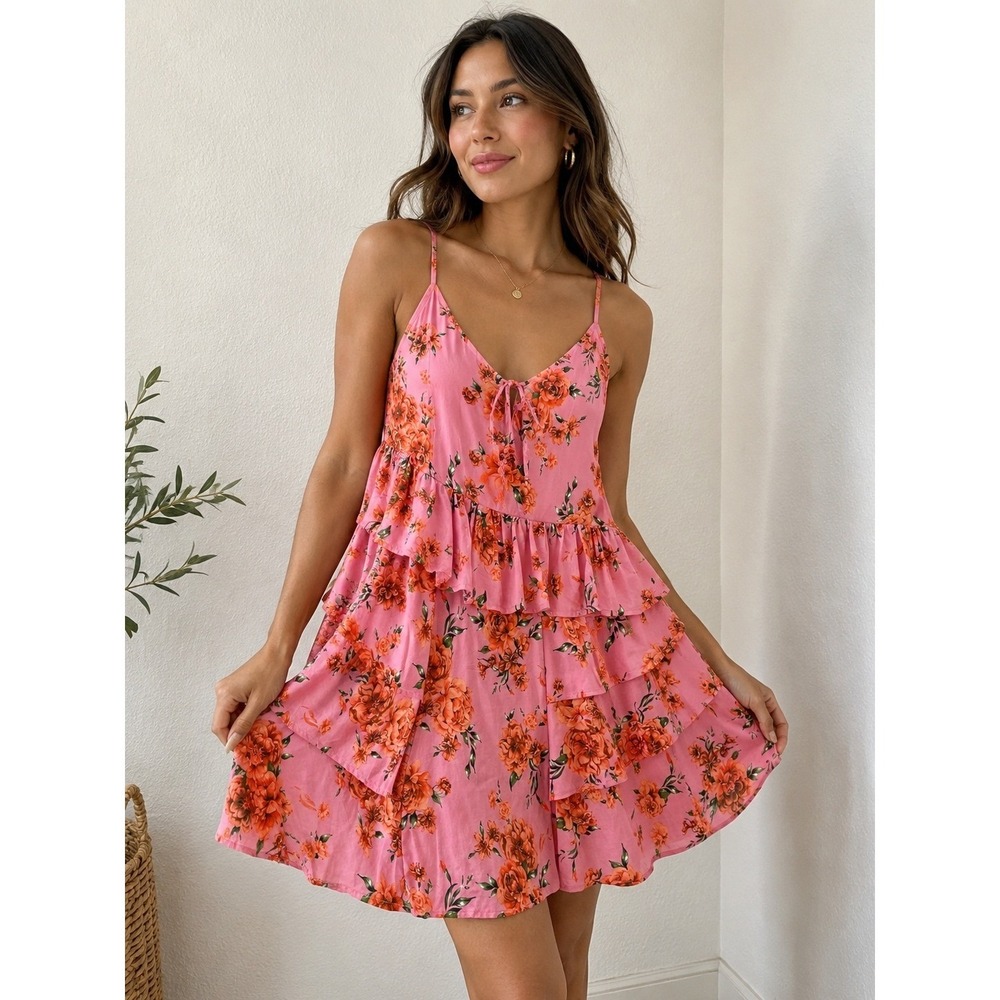 REPLAY Italy $160 MSRP Pink Floral Tiered Ruffle Mini Dress S Viscose Boho
